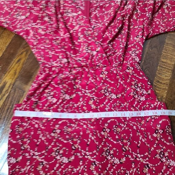 Vintage 80s Red Dainty Floral Cottagecore Deep V-Neck Midi Dress - Picture 14 of 16